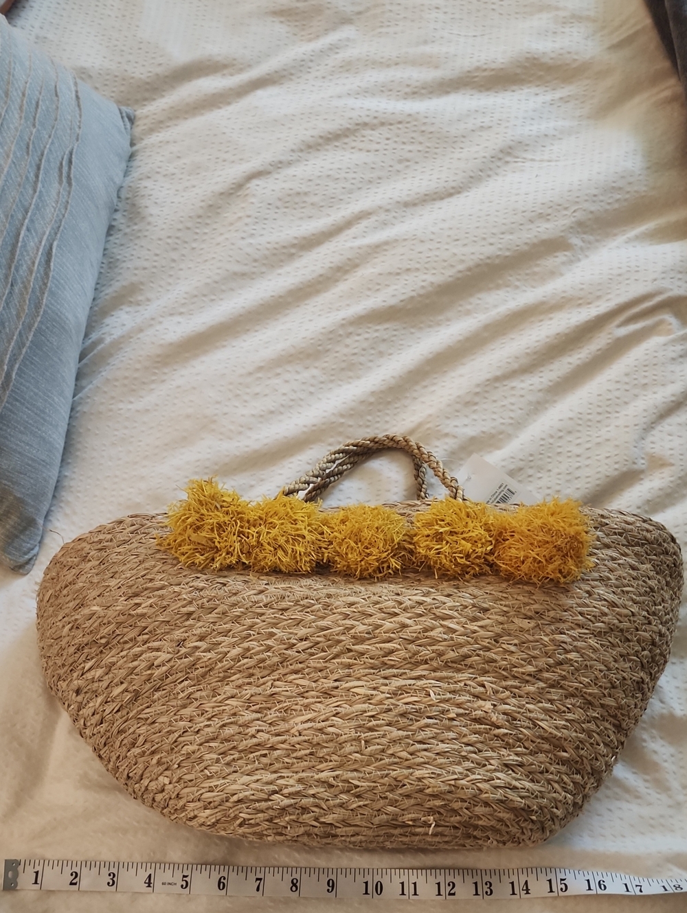 Woven Straw Tote Bag with Yellow Pom-Pom Trim. Handmade